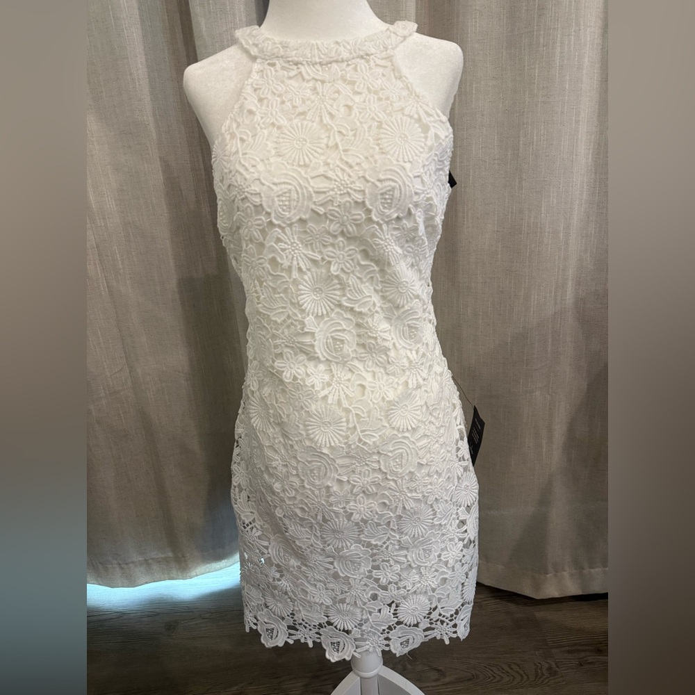 Lulus Lace Mini Dress Womens Medium White NEW Floral Halter Sheath Sleeveless